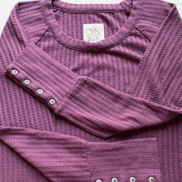 Chaser Long Sleeve Crewneck Thermal Waffle Knit Button Cuff Shirt Top Medium - Picture 1 of 3